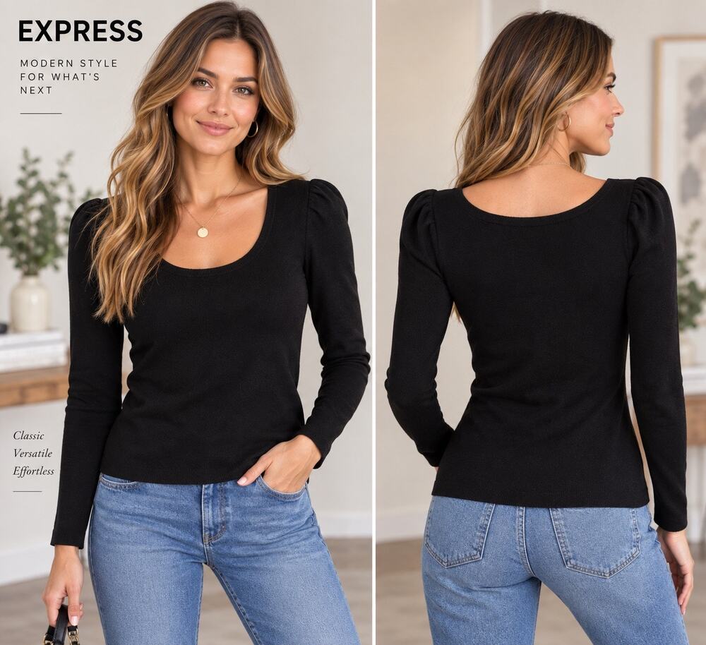 Express Black Scoop Neck Puff Shoulder Sweater Large NEW